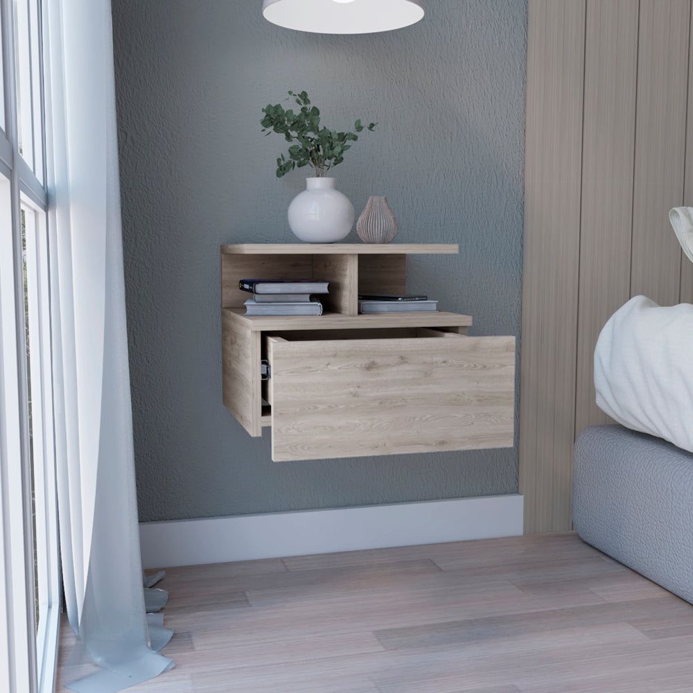 Depot E-Shop Seward Floating Nightstand, Wall Mounted With Single Drawer And 2-Tier Shelf, Light Gray